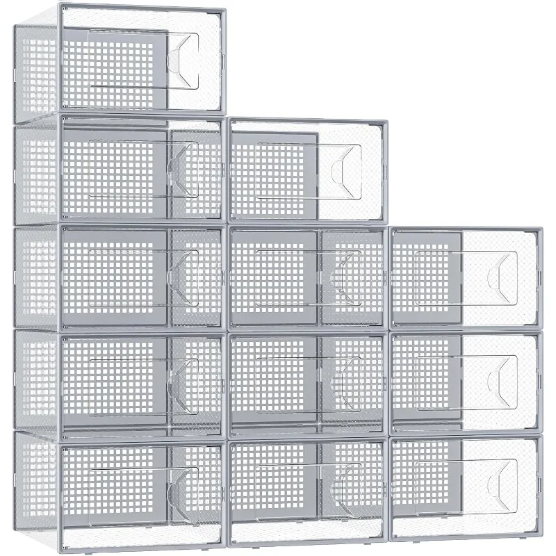 X-Large Shoe Storage Box Fit Size 11,Clear Plastic Stackable Shoe Organizer for Closet, Space Saving Stackable