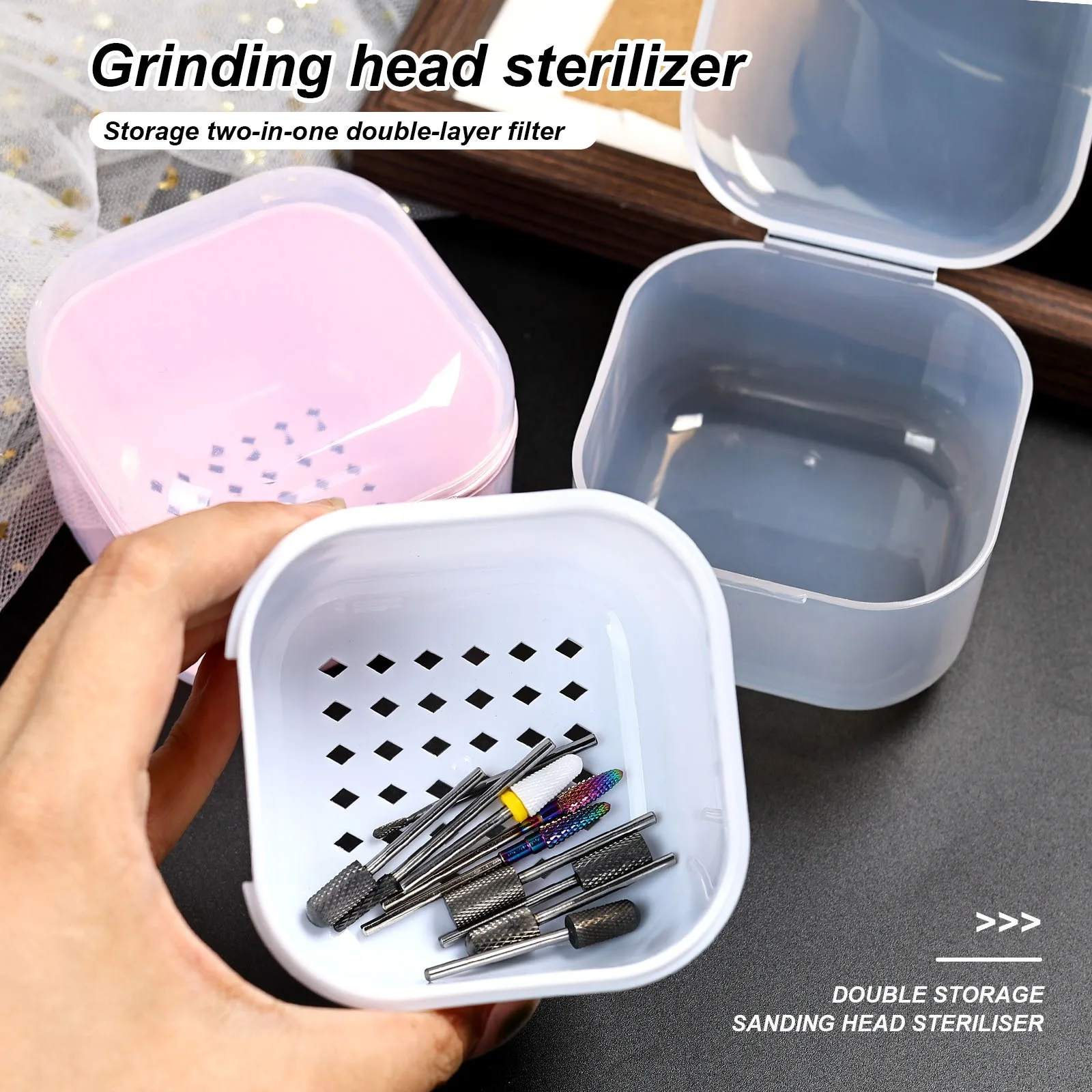 1PC Square Double-layer Filtering Nail Art Drill Bits Cleaning Box Nail Bits Tools Filter Storage Box Manicure Sterilization Too
