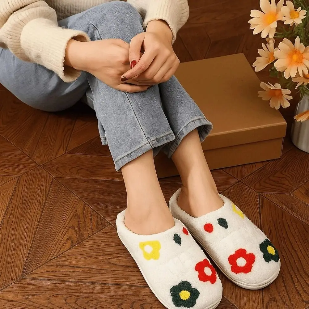 

Soft Flowers Cotton Slippers Fluffy Slides Thickened Winter Warmer Slippers Anti-slip TPR Warm Home Cotton Shoes Cold Weather