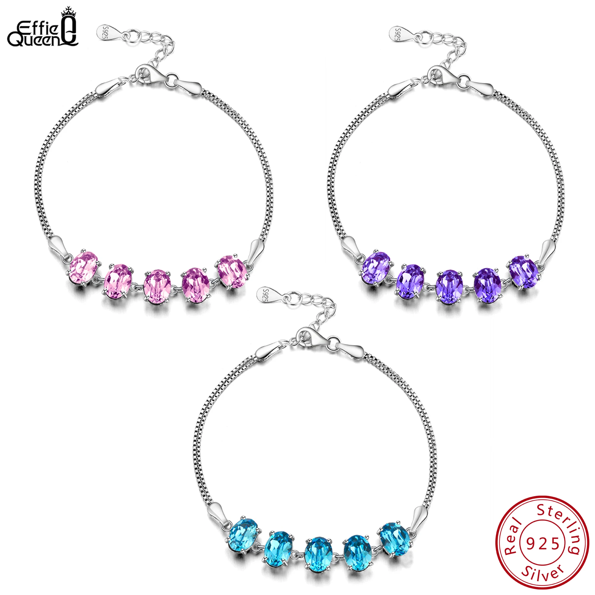 EFFIE QUEEN 925 Sterling Silver Box Chain Bracelet 5pcs Sparkling Crystal Blue & Purple & Pink Colors Selection Party Gift SWB06