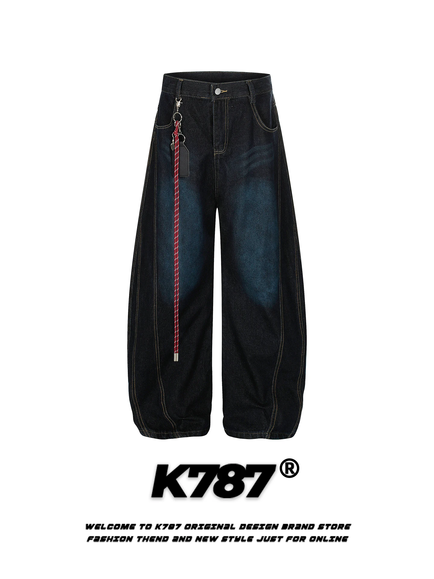 

K787 American Retro Belted Knife Jeans Casual Loose Wide Leg Pants High Street Vintage Sle for Men And Women