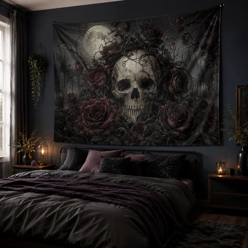 VIKAMA Gothic Skull Rose Tapestry, Dark Burgundy Thorned Floral Full Moon Abandoned Castle Wall Hanging, Gothic Bedroom Decor