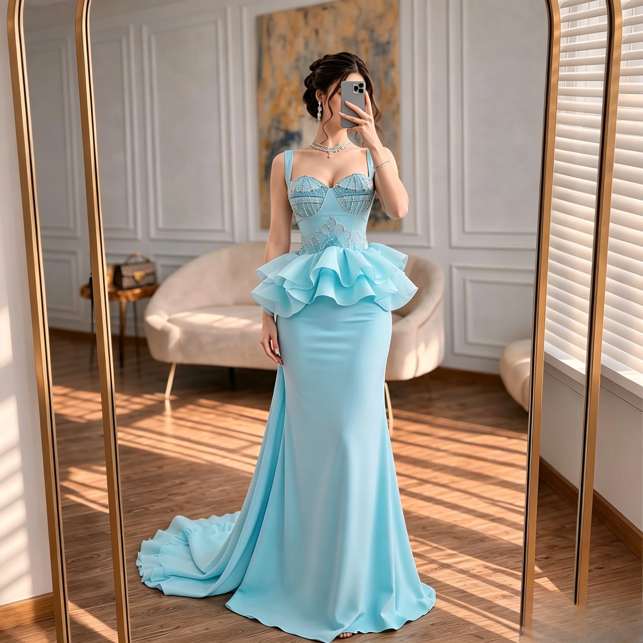 Customized Fresh Romantic Sky Blue Mermaid Evening Gown Featuring Thin Spaghetti Straps & Sweetheart Neckline