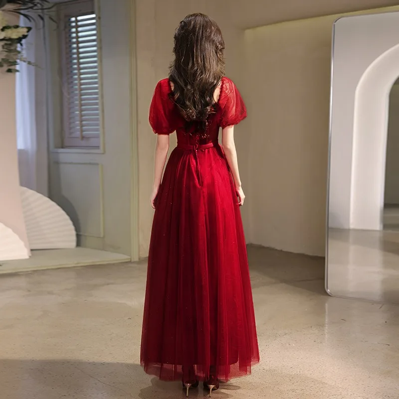 2026 novo vestido de noite de manga curta bordado feminino moda emagrecimento vinho vermelho casamento noiva brindando vestido longo rede