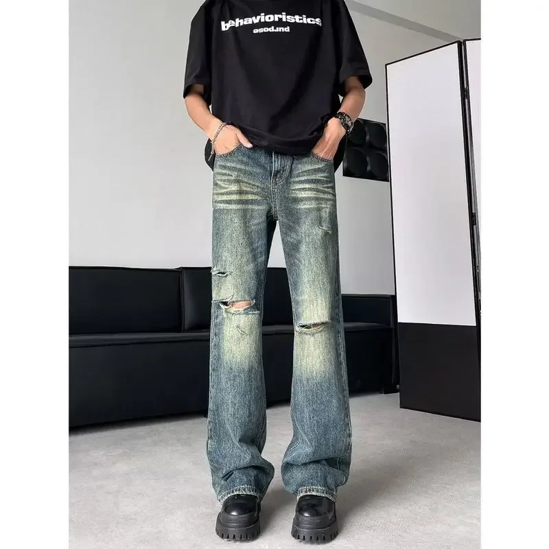 Juspinice Summer Hole Washed Jeans Men Harajuku High Street Baggy Wide Leg Straight Denim Pants Gothic Distressed Jean Trousers