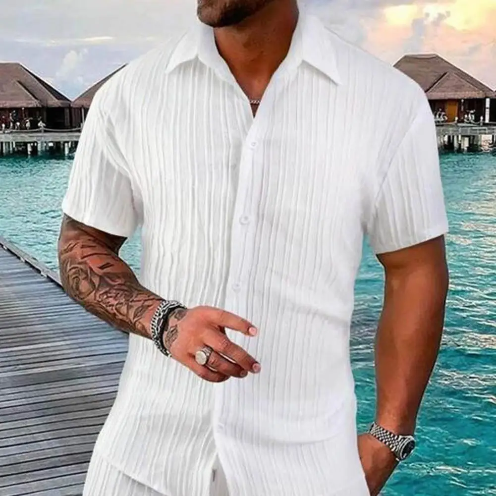 2Pcs/Set Men Casual Outfit Lapel Short Sleeve Single Breasted Shirt Elastic Drawstring Waist Wide Leg Shorts Loose Fit Outfit