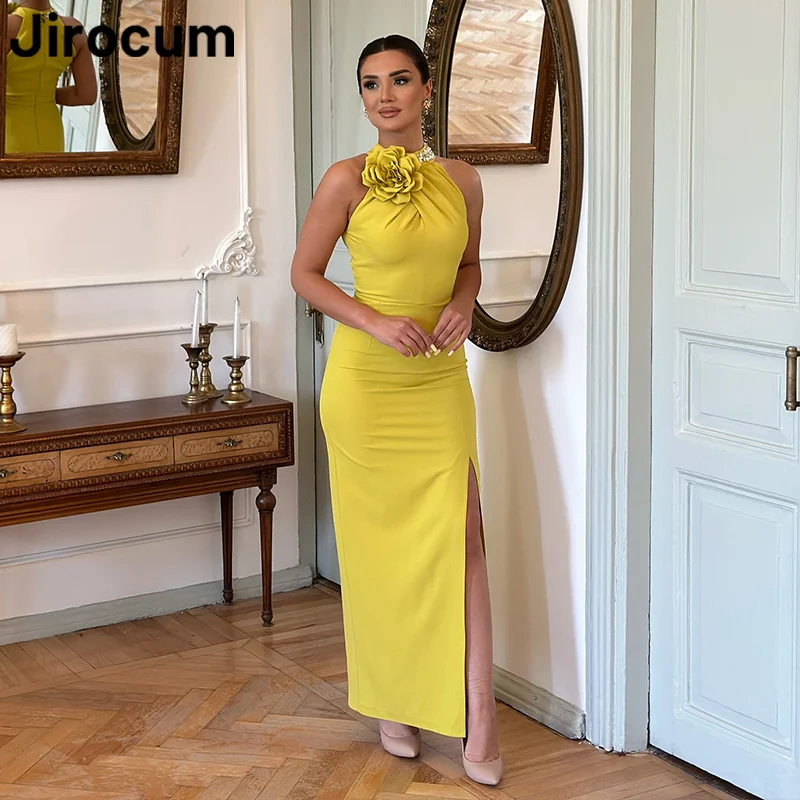 Jirocum Elegant Yellow Prom Dress Women Flowers Crystal Party Evening Dresses Ankle Length customized Special Occasion Gowns