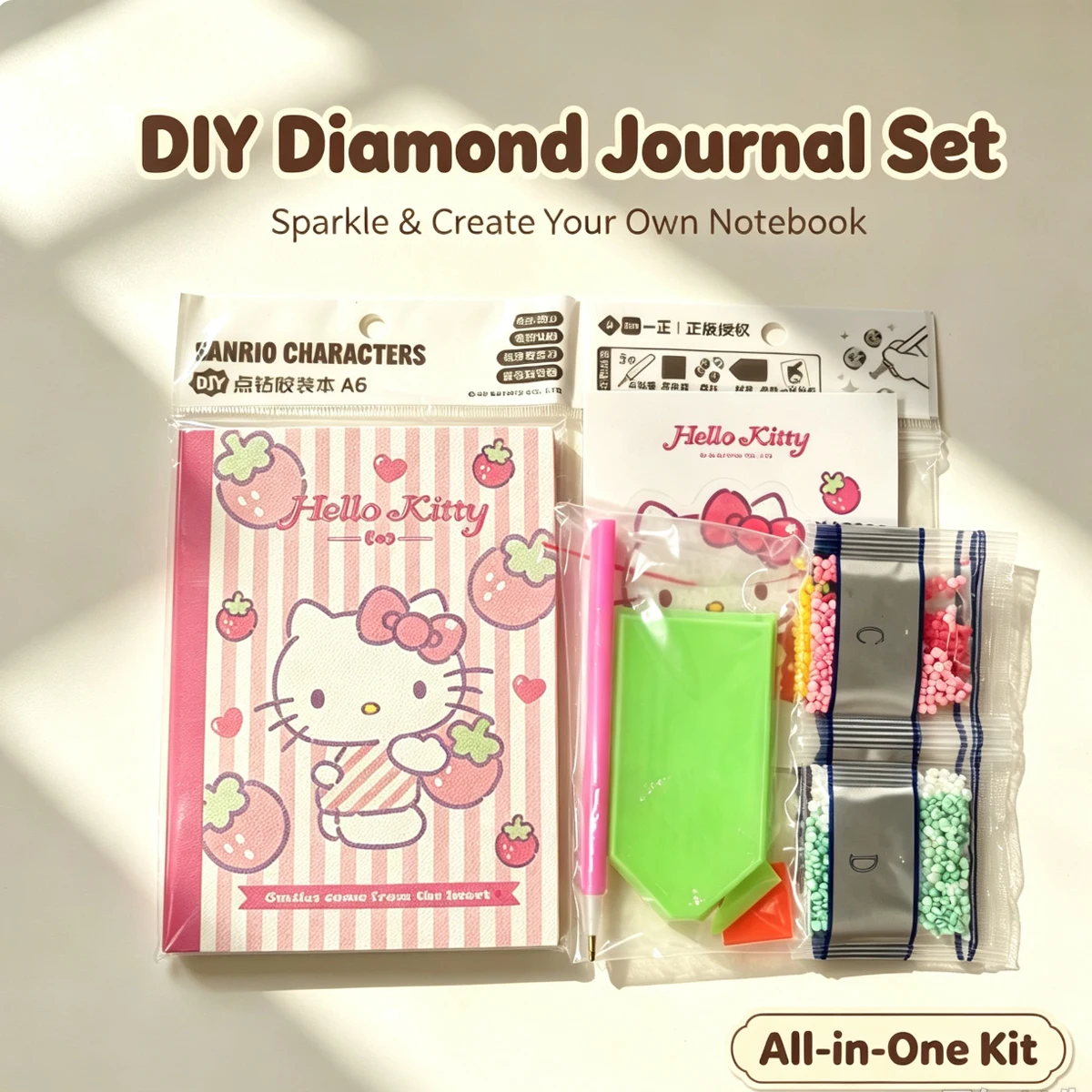 Genuine Sanrio A6 Hello Kitty Rhinestone Dot Drill Notebook Kit, DIY Handmade Art Book, Beginner Friendly Kawaii Craft Gift