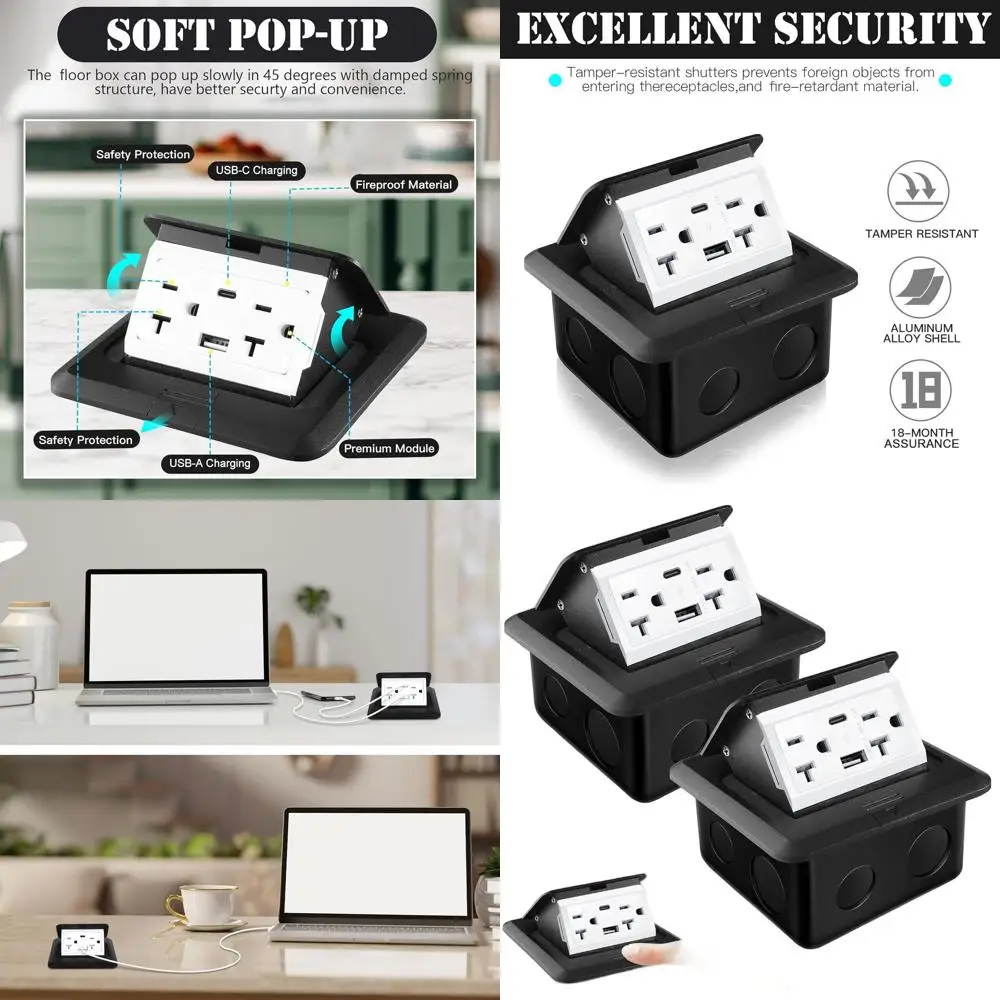 

Black Waterproof Pop-Up Floor Outlet Kit with 4.8A USB & Type-C Ports and 20A Tamper-Resistant Socket