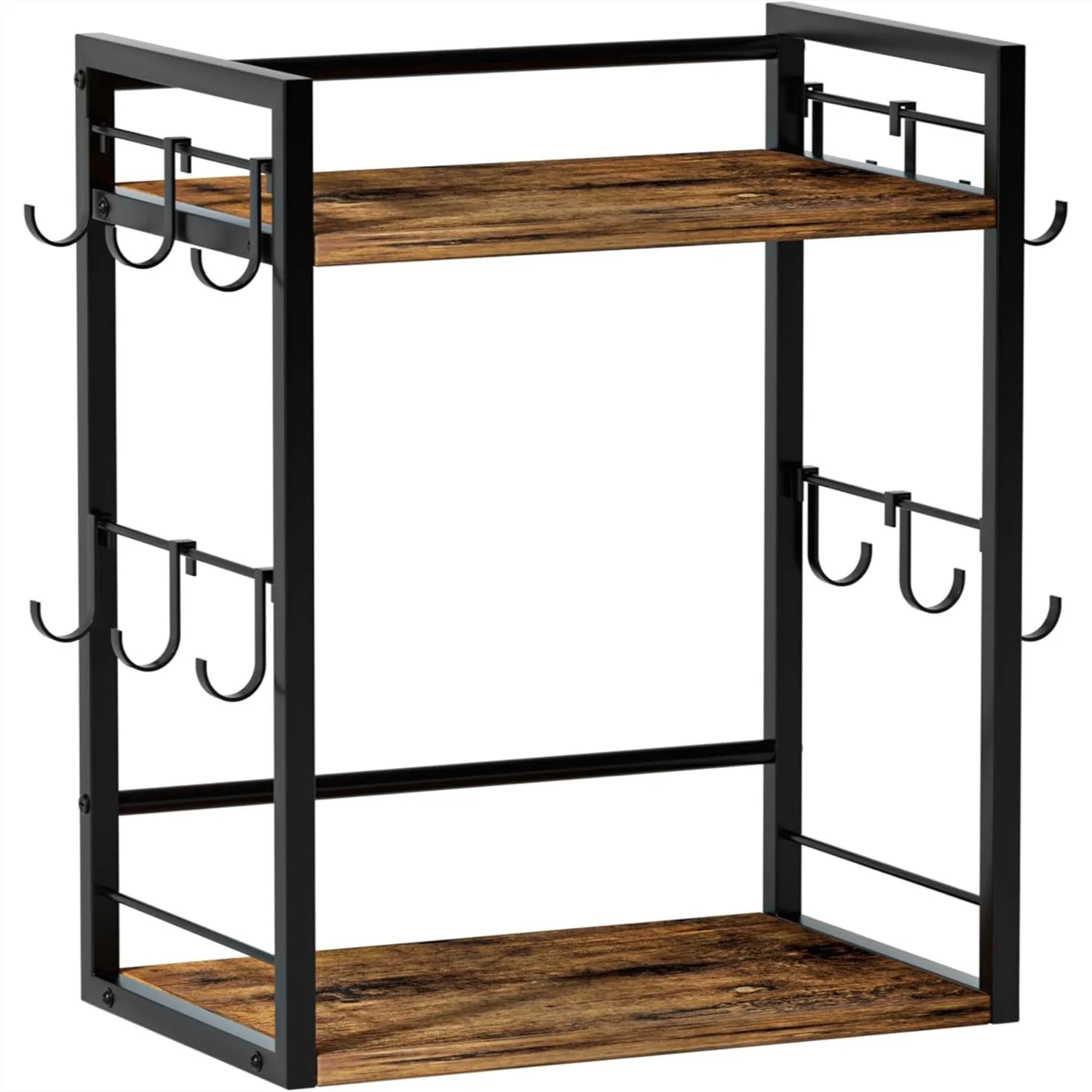 

2 Tier Coffee Bar Organizer with Adjustable Mug Holder & 12 Hooks, Space Saving Kitchen Countertop Shelf, Rustic Brown