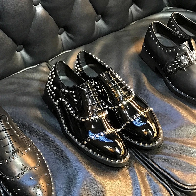 Leather thick-sole men's shoes autumn shiny cowhide rivet Oxford shoes square heel heightening large size small size men's shoes