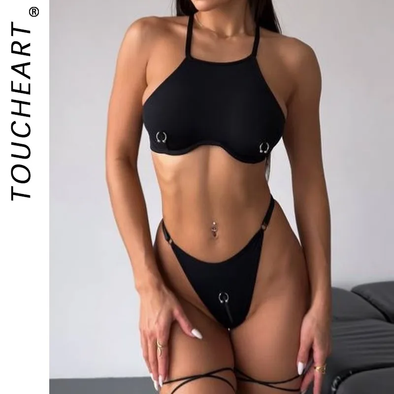 Toucheart Women Bikini Metal Decor Solid Color Triangle Body Shaping High Waisted Leisure Delicate Intimate Split Swimsuit Kit