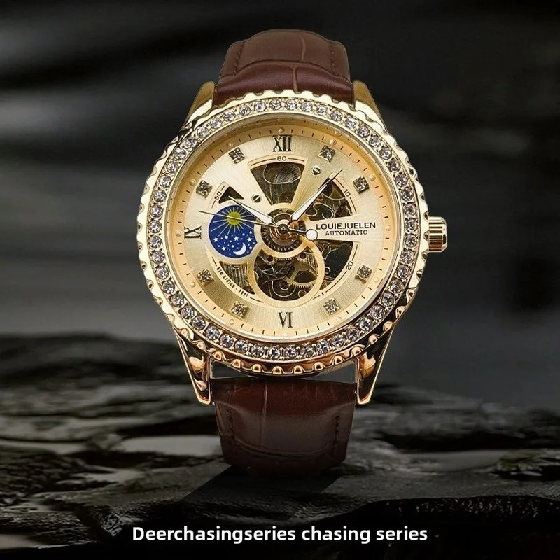 Men's Mechanical Watch with Sun Moon Stars Waterproof Skeleton Automatic Movement