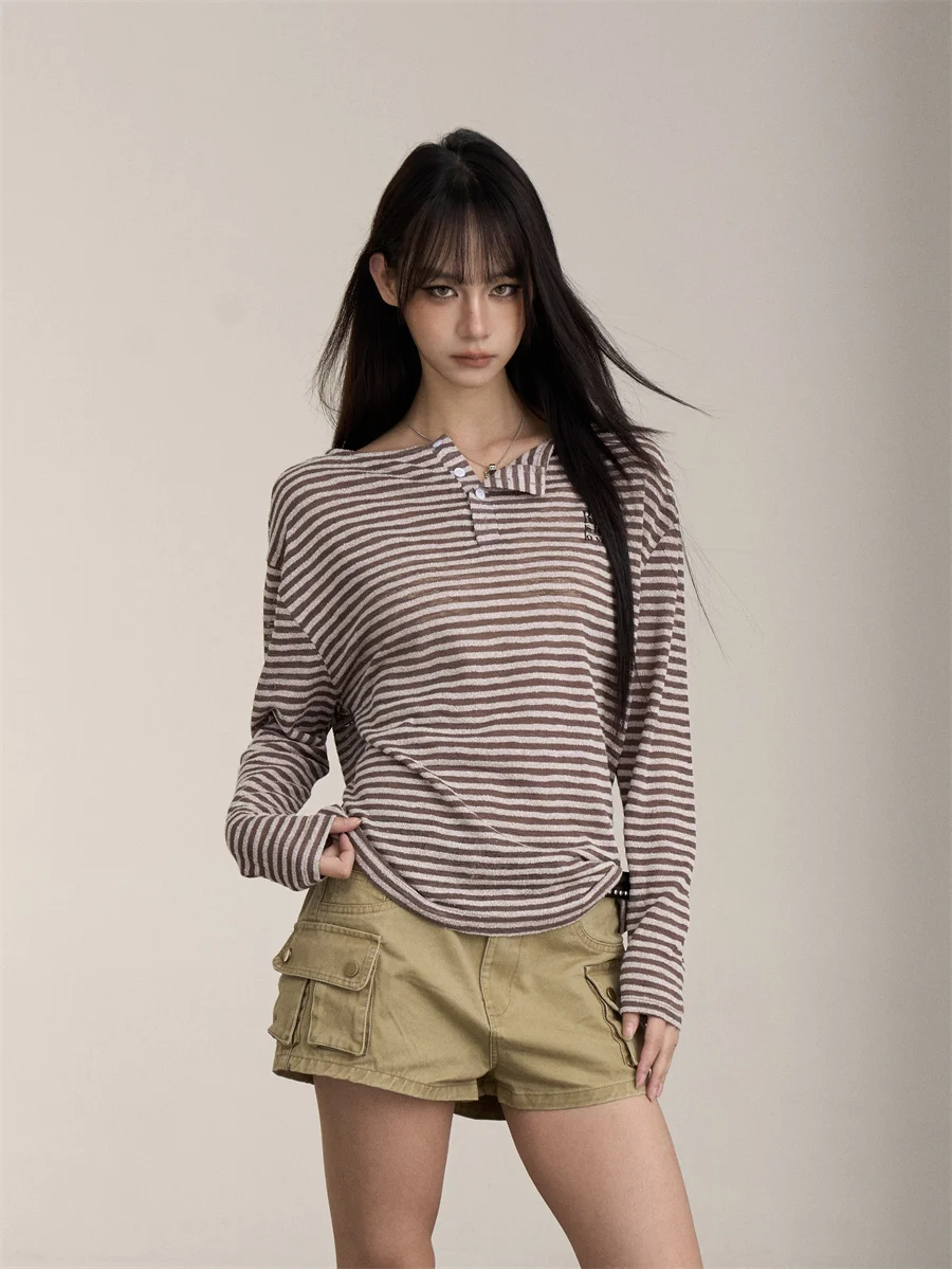 

Onlpp American Retro Striped Long Sve T-irt Women's Spring Summer Loose Slimming Versatile Sun Protection Cover up Casua...