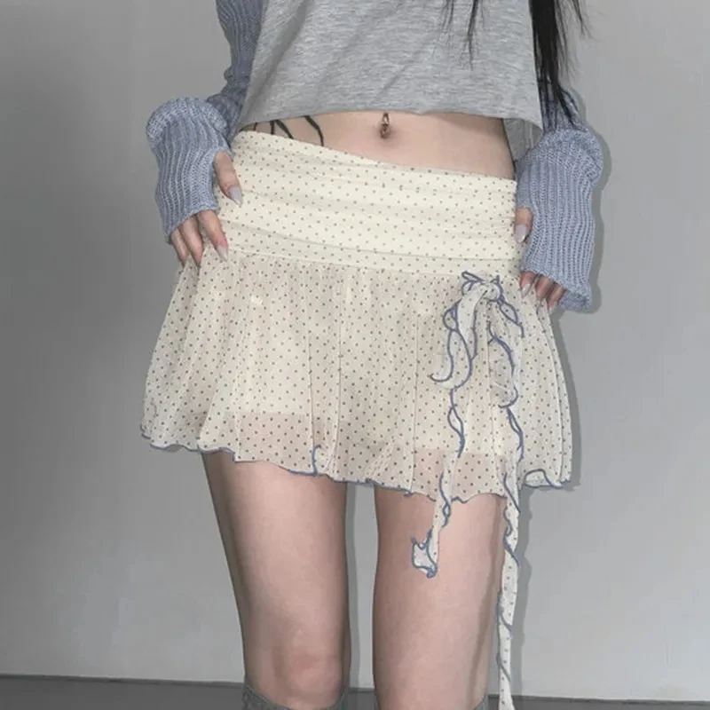 

Korean Style Sweet Bow Tie Mesh Skirt 2025 Summer Polka Dot Slim Fit Ruffle Mini Skirts Sweet Spicy Girls Y2k Faldas