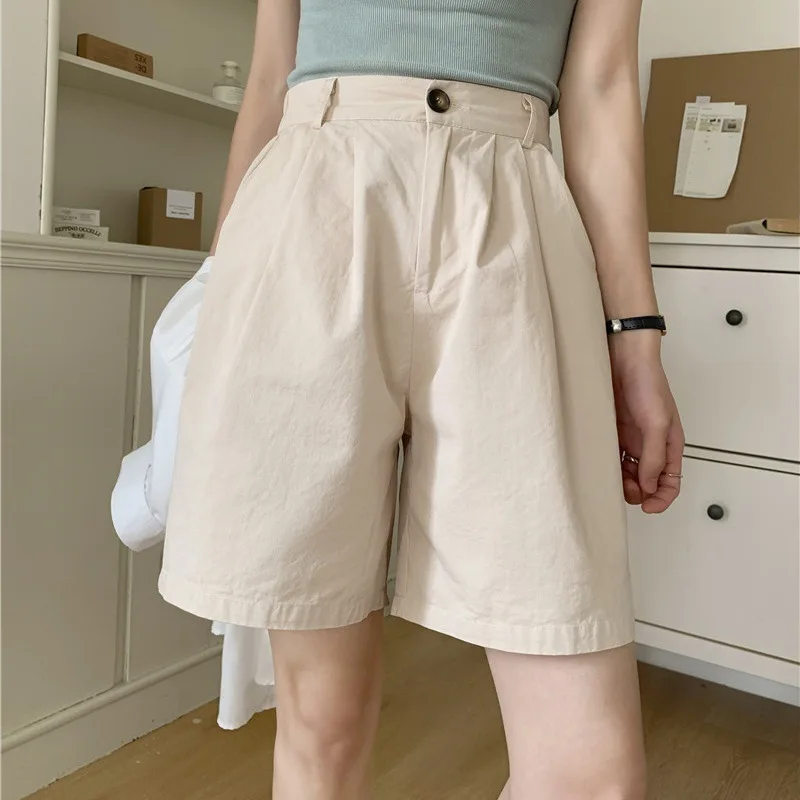 

Summer Wide-leg Shorts Women Elastic Waist Cotton High Waisted Straight Shorts Casual Loose Thin Solid Women's Denim Shorts
