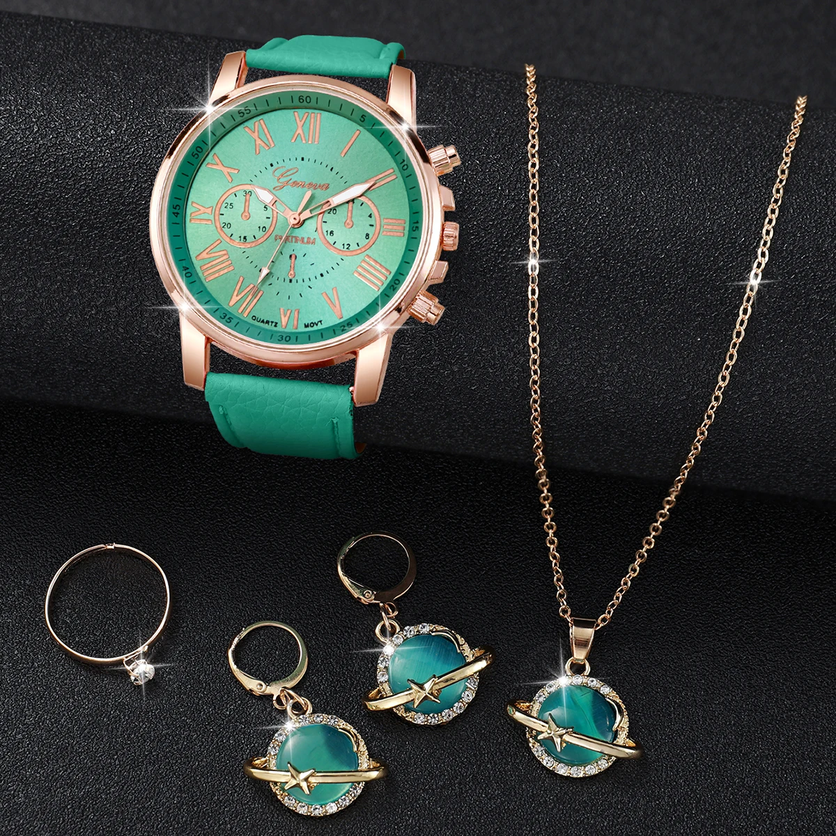 5 pz/set verde menta fresco orologio moda tre occhi quadrante cinturino in pelle orologio al quarzo Set di gioielli occhio di gatto