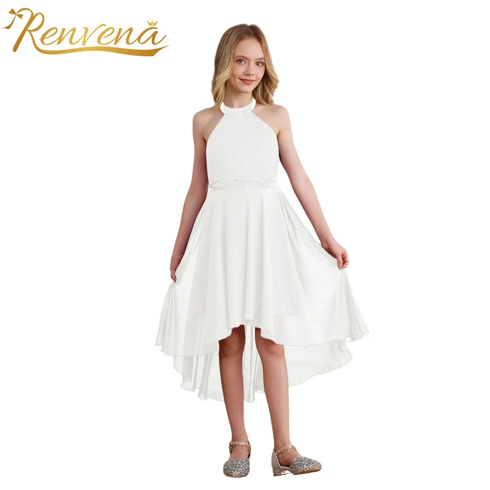Summer Girls Party Dress Halter Sleeveless Backless High Waist Irregular Length Party Dress for Wedding Banquet Prom Graduation
