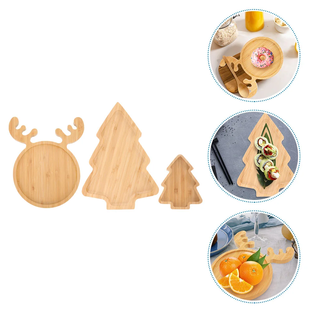 

3 Pcs Christmas Plate Food Trays Wood Serving Tree Creative Dish Seasoning Dishes Snack Deer Sauce Cake