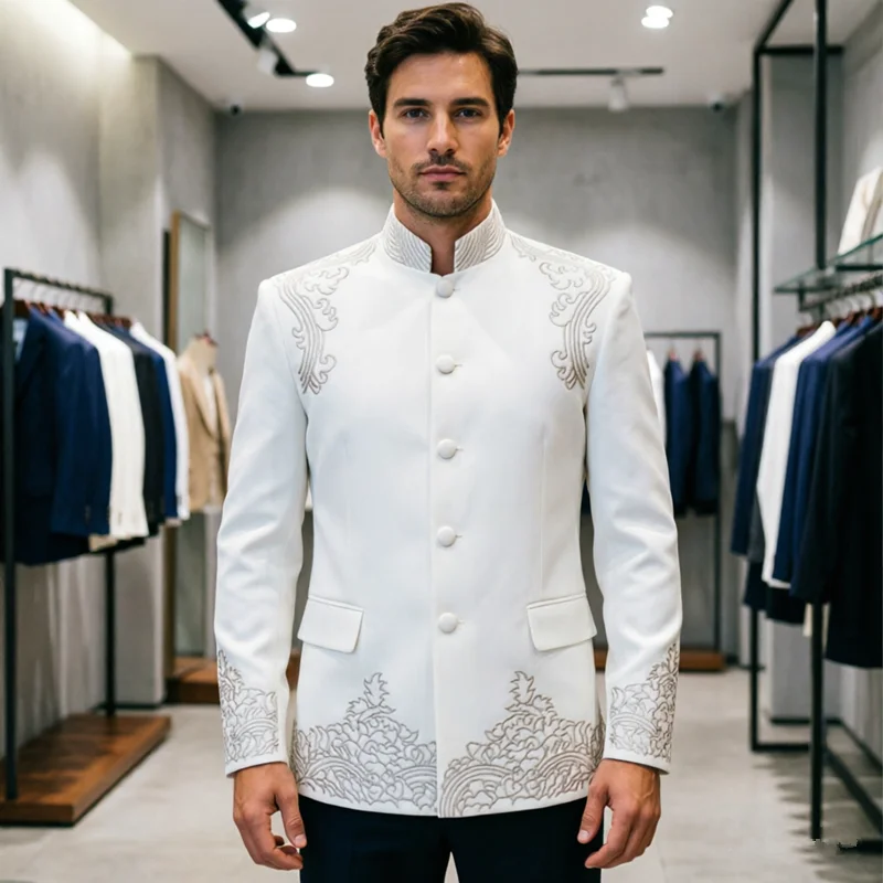 Chinese Retro Style Men's White Embroidered Suit Stand Collar Blazer Suitable for Mens Weddings, Banquets, Stage Performances