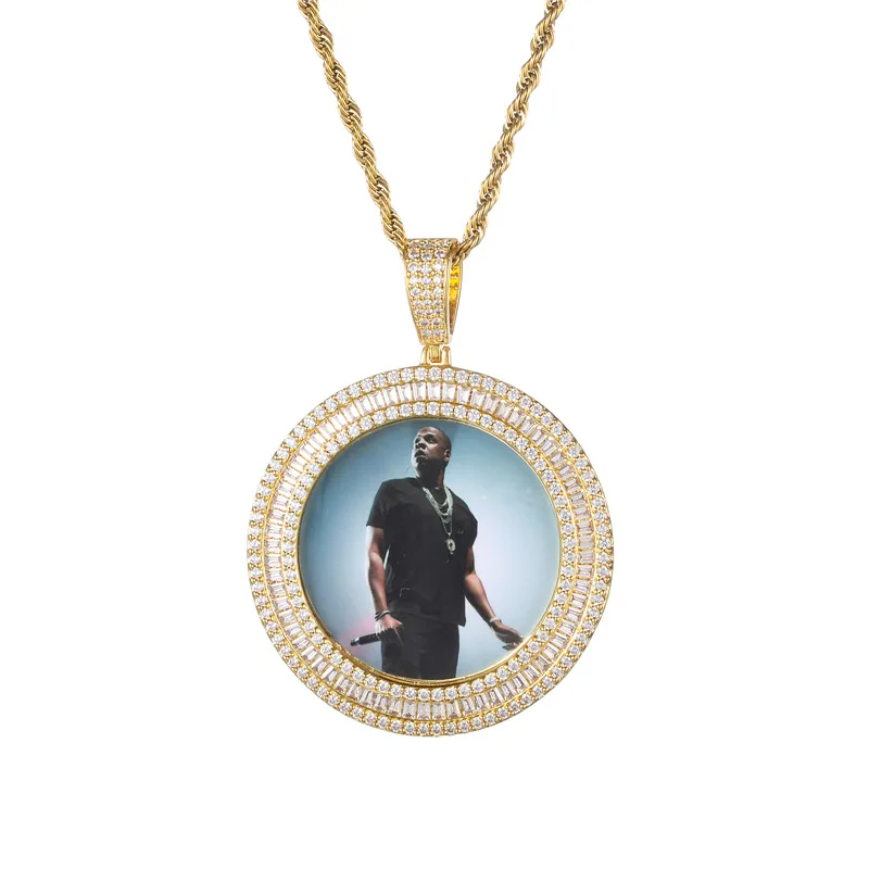 Custom Photo Frame Geometric Round Pendants Necklace For Women Men Unisex Bling Iced Out Hip Hop Rapper Jewelry Gifts