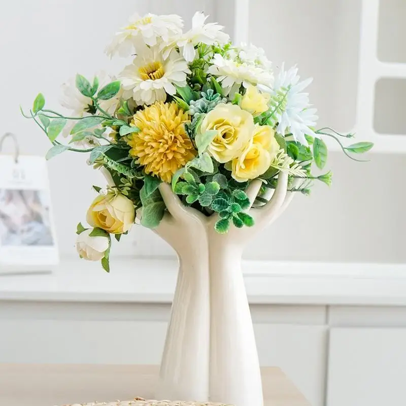 Florero con forma de mano, brazo de mano, ramo de palma, arreglo de flores, accesorios, florero, adornos artesanales de porcelana, decoración del hogar