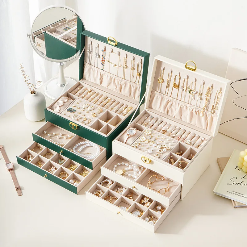 Portagioie multifunzionale in pelle a tre strati con scatola portagioie per orecchini con serratura per donna