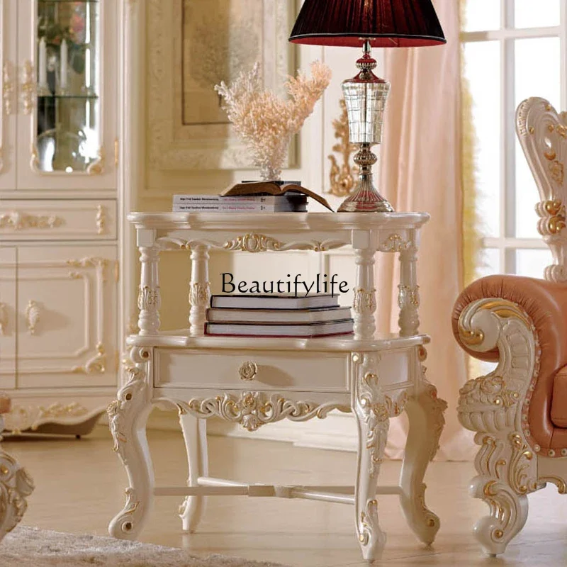 pg46European-style carved corner table living room ivory white gold-painted small coffee table retro furniture