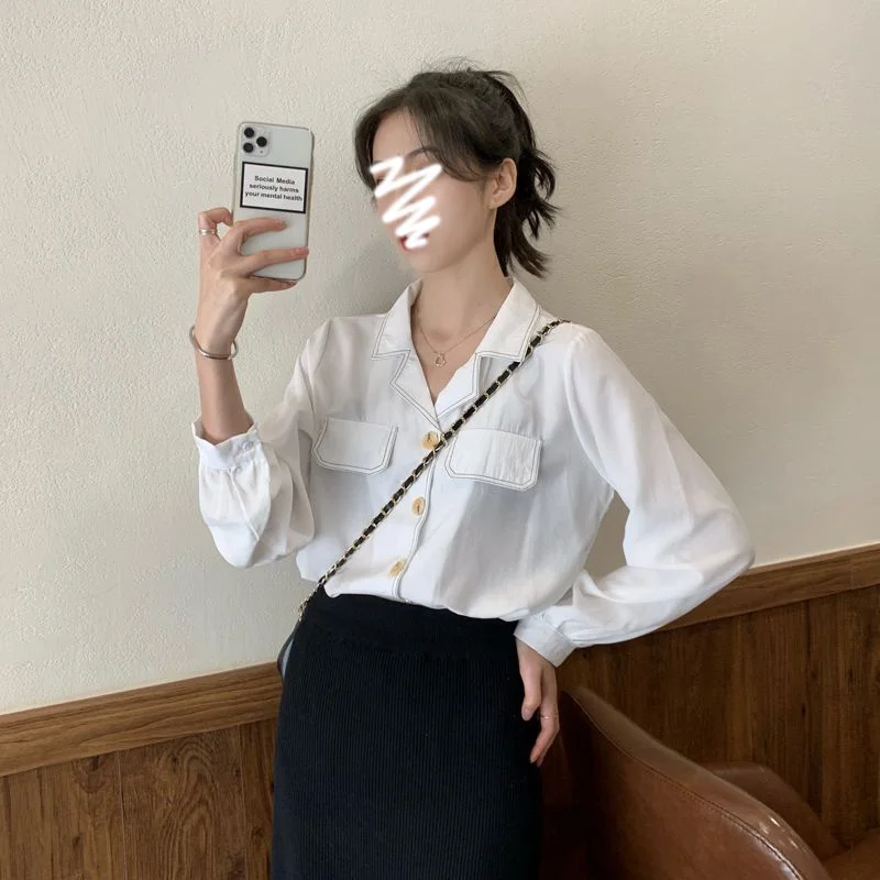 

Long Sleeve Shirts Womens Plaid Button Down Slim Turn Collars French Feminine Elegant Preppy Youthful Romantic Daily Look