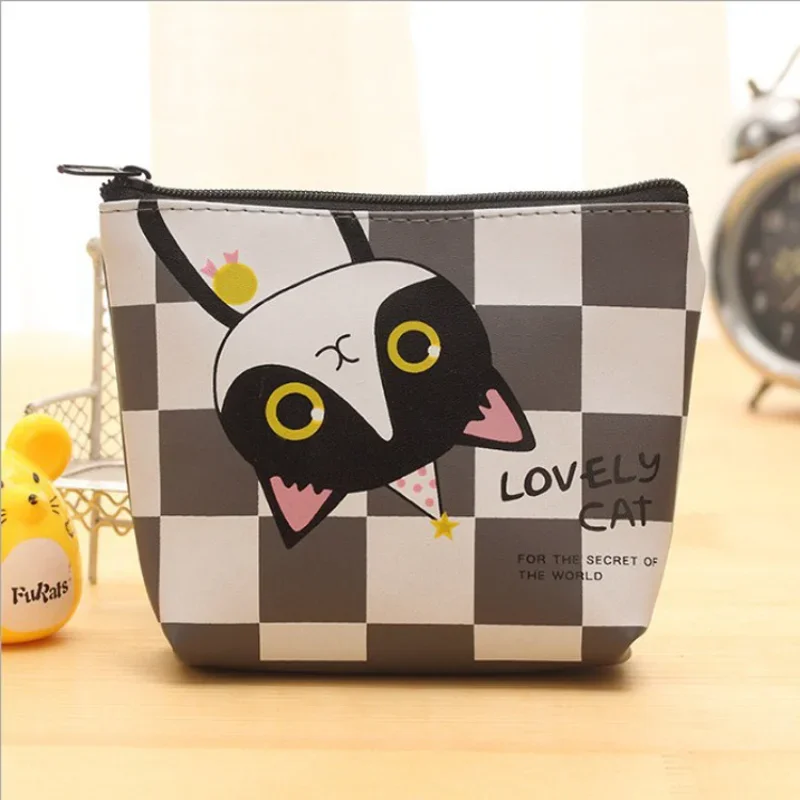 Kreslený kocour PU kůže devizy brašna na zip měšec ženy náprsní taška kapsa devizy šifrovací klíč valuta pouch ženy muži karta držák sluchátko úložný brašna