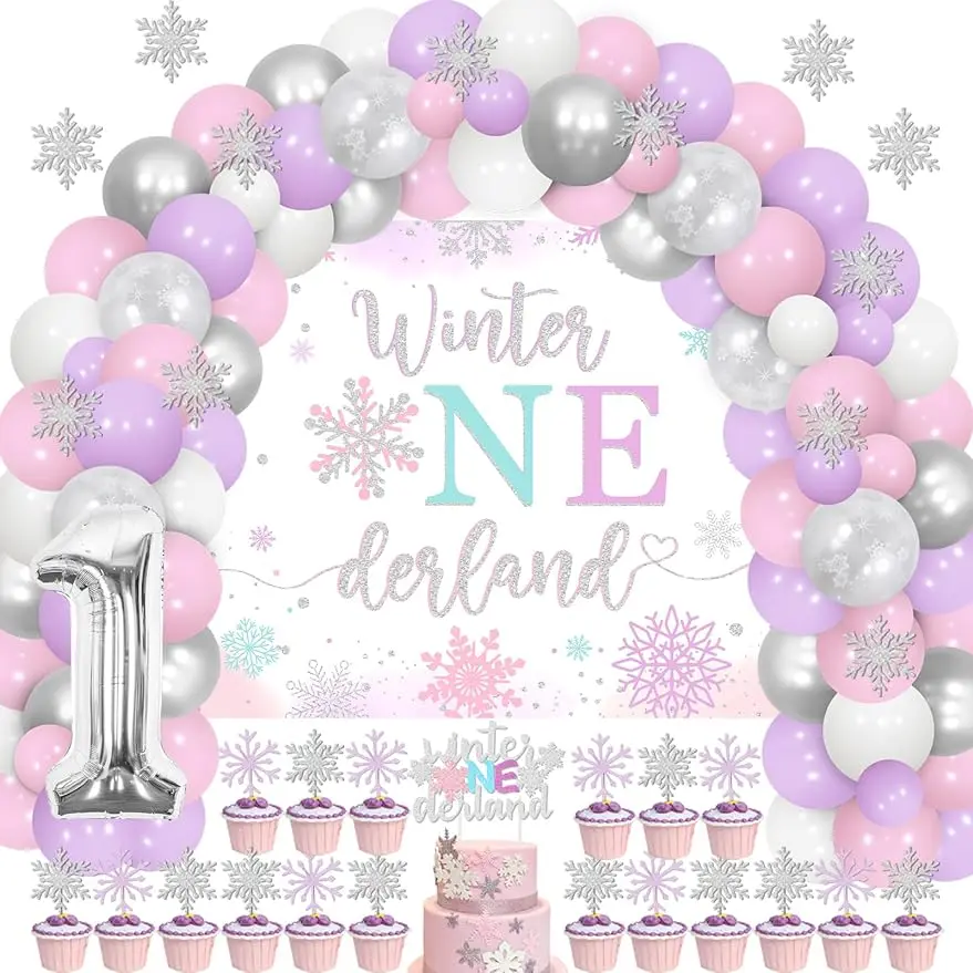 

JOYMEMO Winter Onederland 1st Birthday Girl Decoration, Balloon Arch Cake Top Girl's 1st Birthday Decoration,Size 1 Foil Balloon