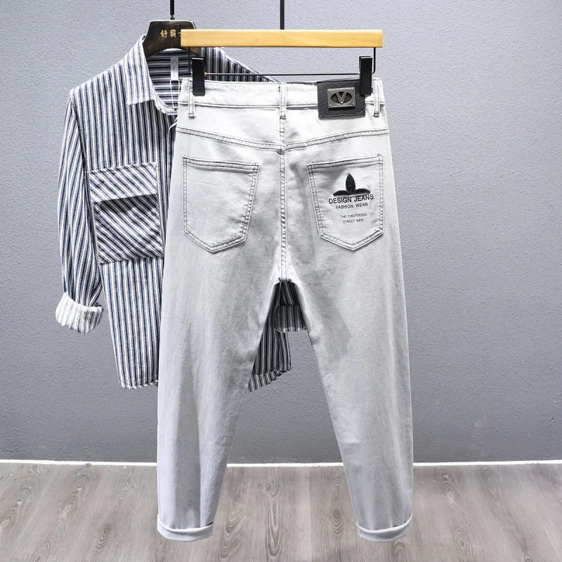 Men's Smoke Gray Jeans 2025 Spring Fashion Trendy Street Style Versatile Slim Fit Stretchy Skinny Pants
