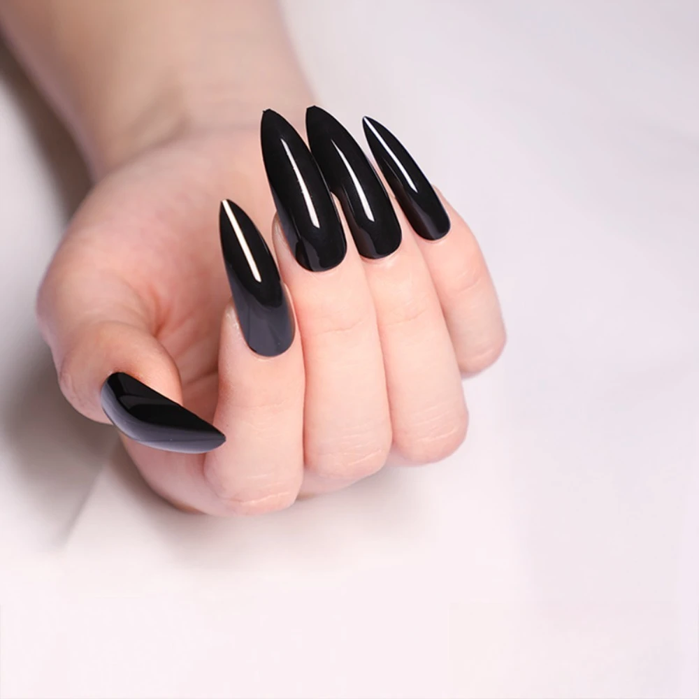 Cool Girl Black Long Stiletto Press On Nails 24 Pcs Matte Pure Color  Full Set False Nails Kit for Women Party Daily Wear