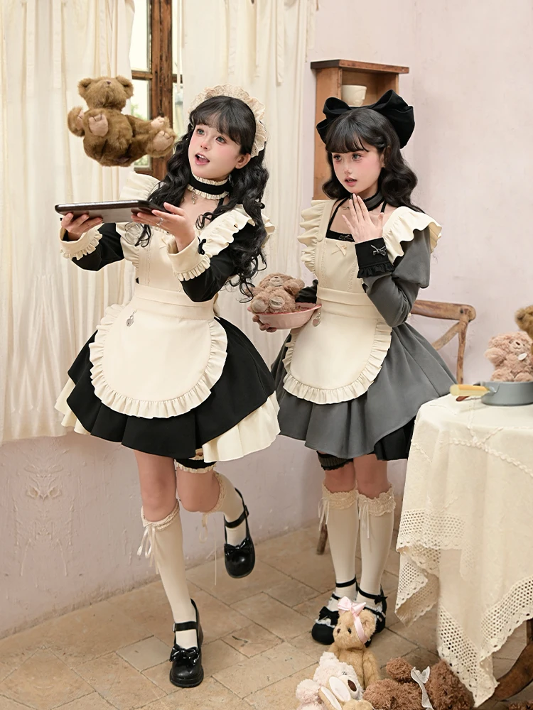 With Puji Original Design Improvement Square Collar Ruffle Edge Maid Dress Twin Autumn/winter Lolita Girl Princess Dress Set
