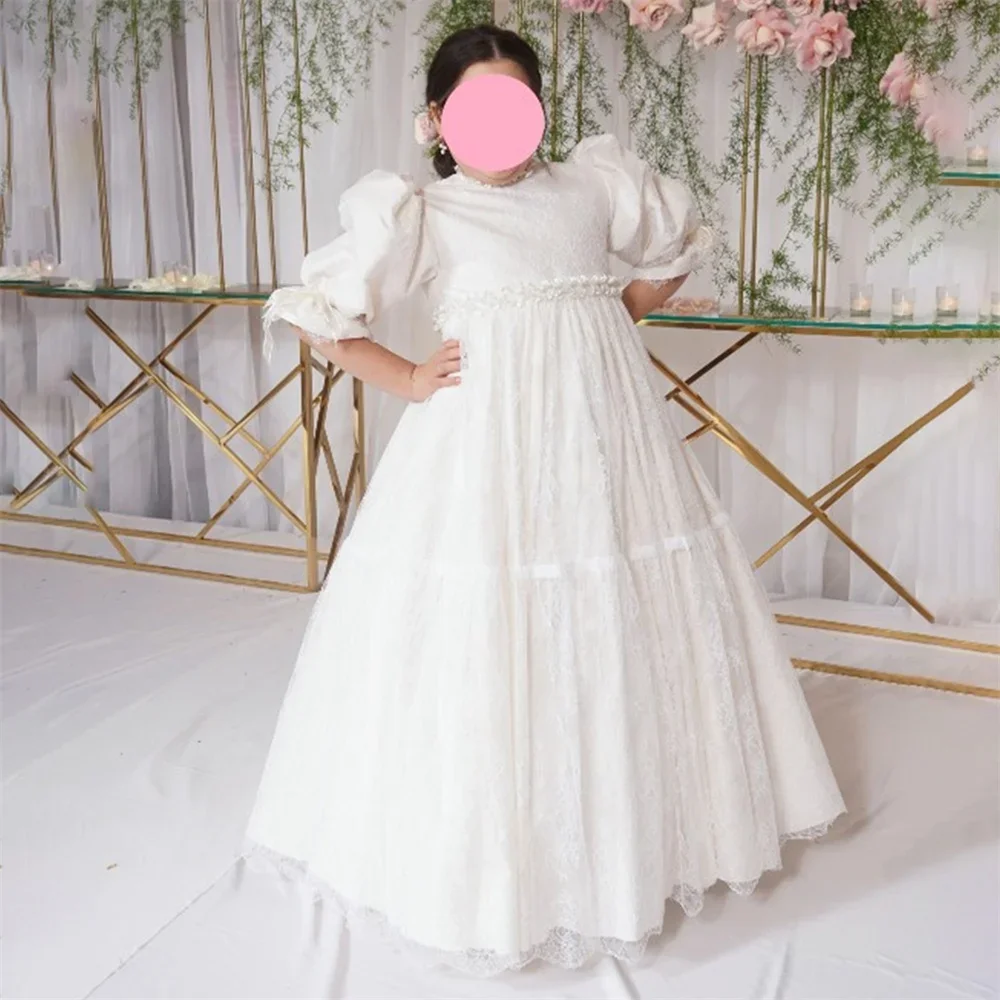 تخصيص زين الدانتيل الفاخرة س الرقبة نصف نفخة الأكمام فستان التواصل الأول طول الأرض الكرة الطويلة أنيقة زهرة فتاة ثوب