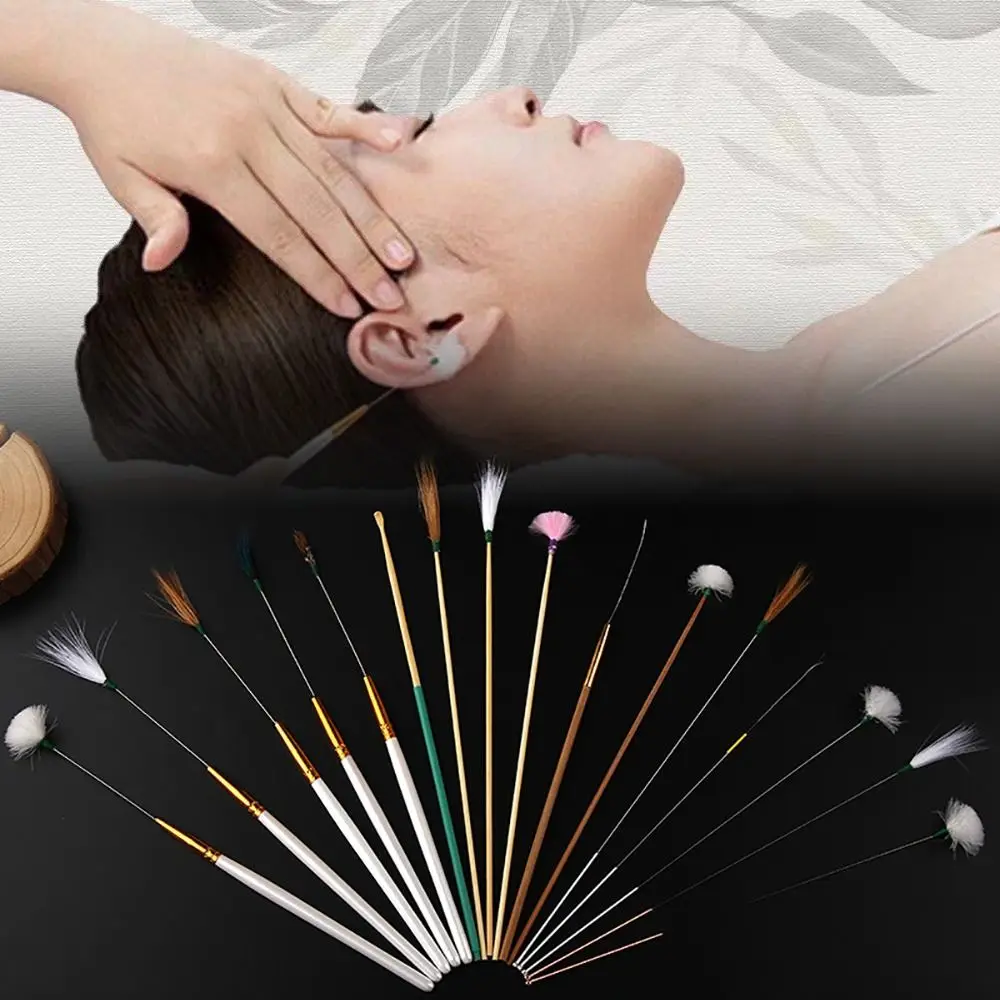 

6/8/10PCS Bamboo Handle Goose Feather Earpick Stainless Steel Spoon Cleaner Wax Remover Curette Stick Design Ear Massage Set