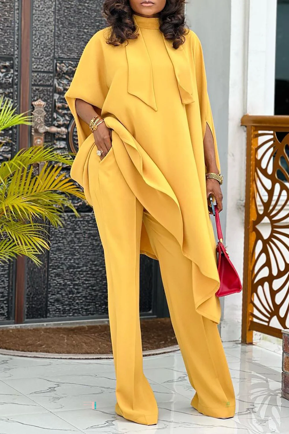 Women Plus Size Business Casual Pant Set Yellow Mock Neck Asymmetrical Loose Autumn Two Piece Pant Set With Pocket Matching Set