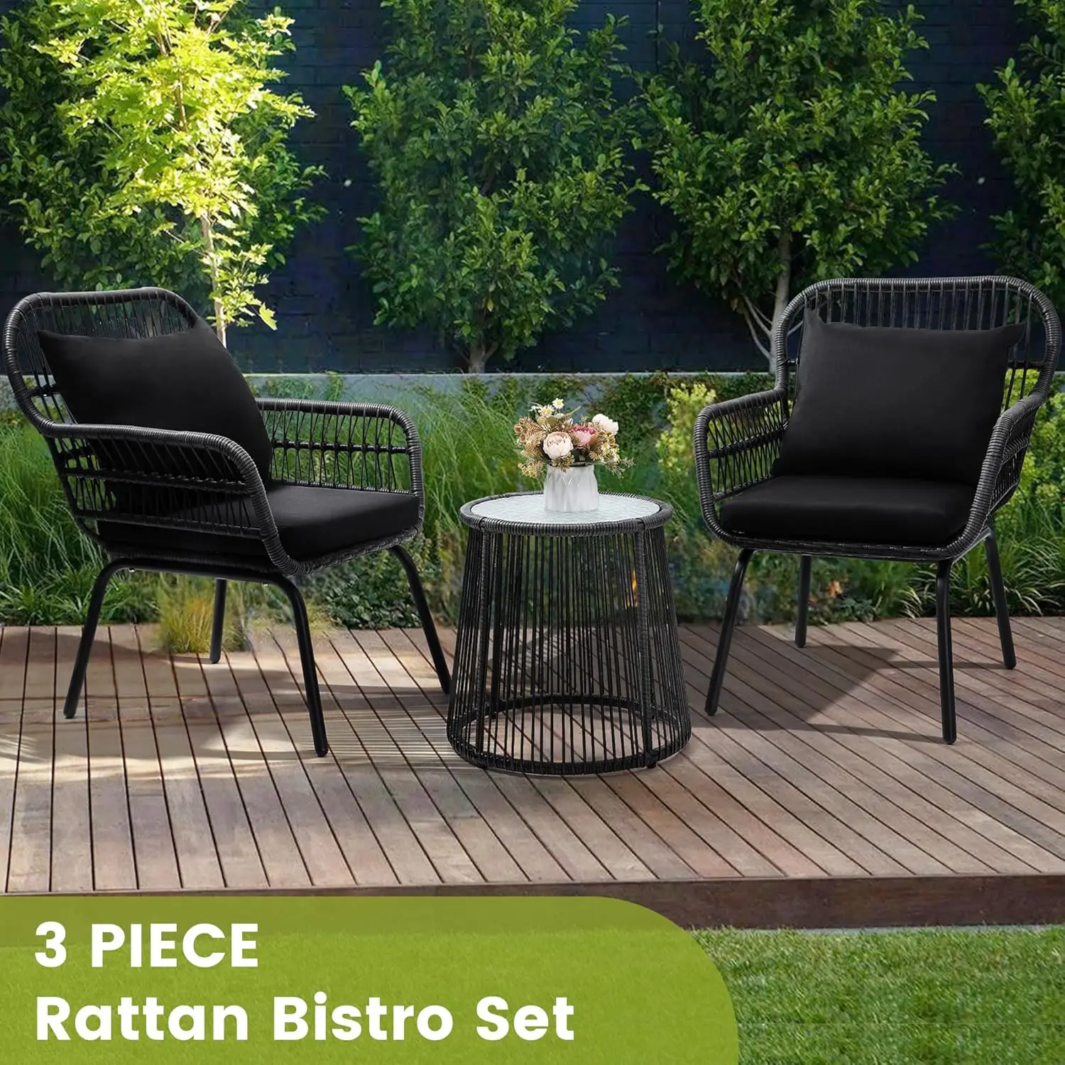 Space-saving black rattan wicker 3-piece outdoor bistro set with glass top table and two rattan chairs, compact casual furniture for narrow balcony and small backyard layout