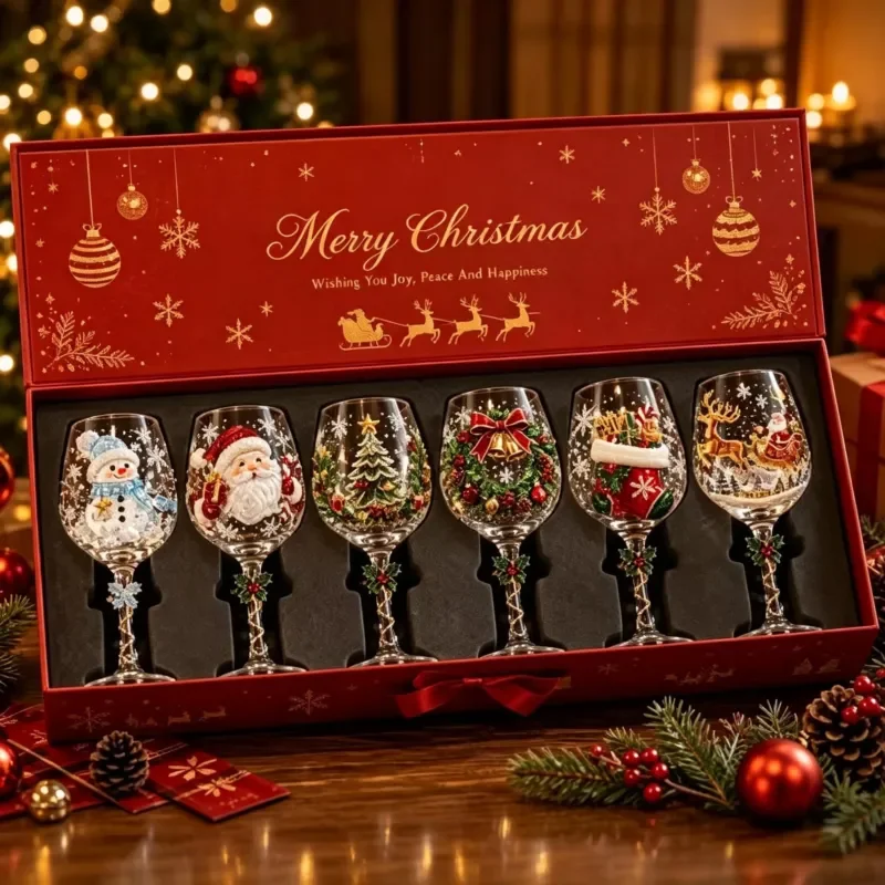 Christmas Goblet Santa Snowman Pattern Glass Wine Cup Set Holiday Dinner Party Drinking Vessel Festive Home Decor Gift Box