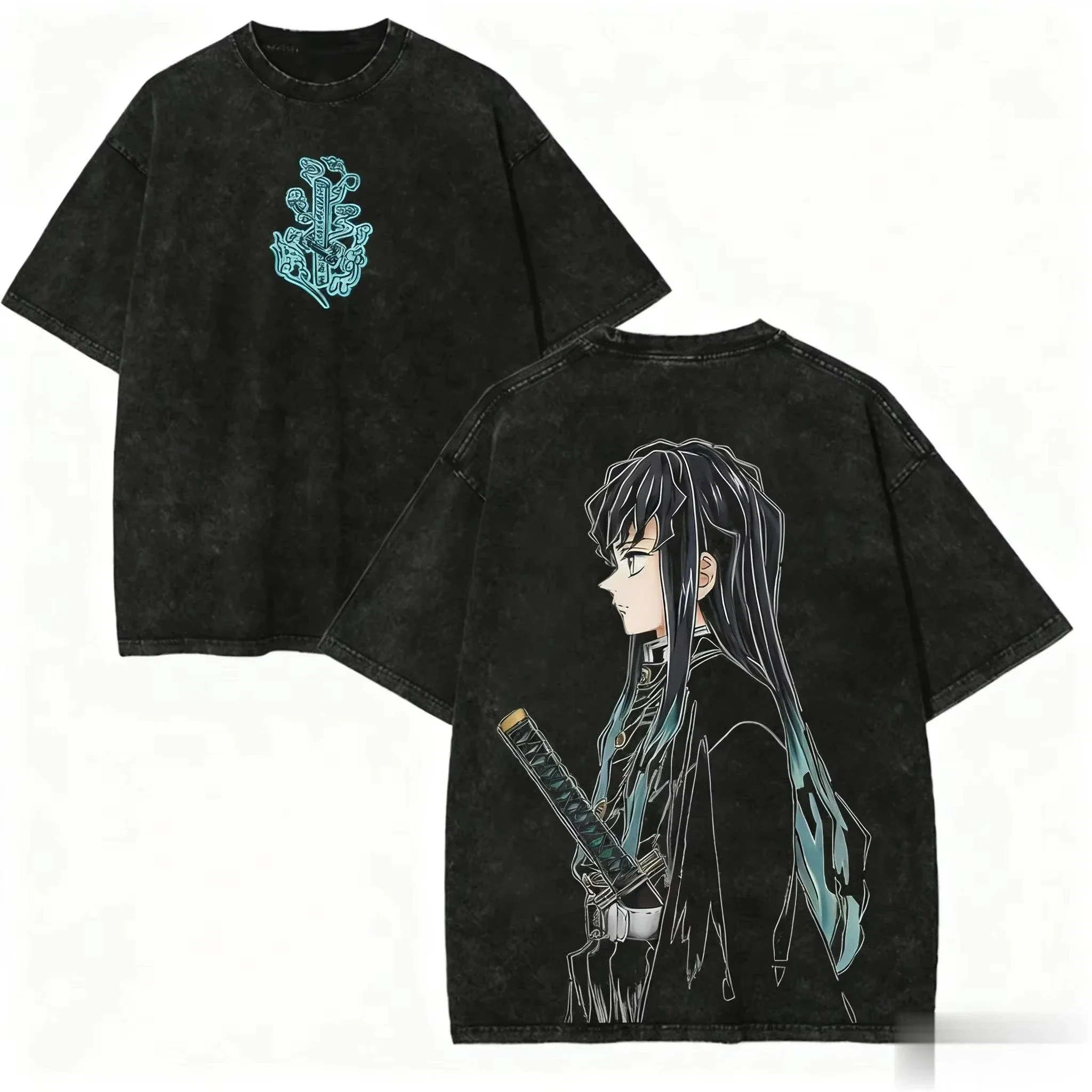 2026 Demon Slayer Graphic Printed T-shirt Men's and Women's Washed T-shirt High Quality Vintage Cotton T-shirt Harajuku Y2K Tops