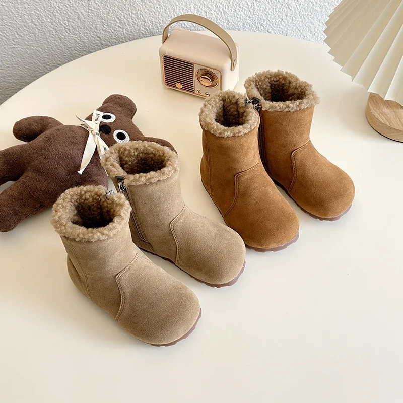 Cosy Lambswool Boots Kids Warm Plush Pull-on Flat Booties Boys Girls Winter Round Toe Anti-slip Fluffy Snow Botas