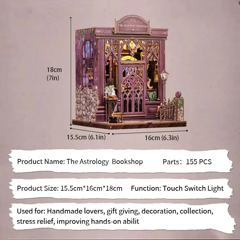 Book Nook DIY Kit with Tools - Wooden Miniature Diorama 3D Puzzle with LED Light, Birthday Gift for Her, Home Decor Astrology Th