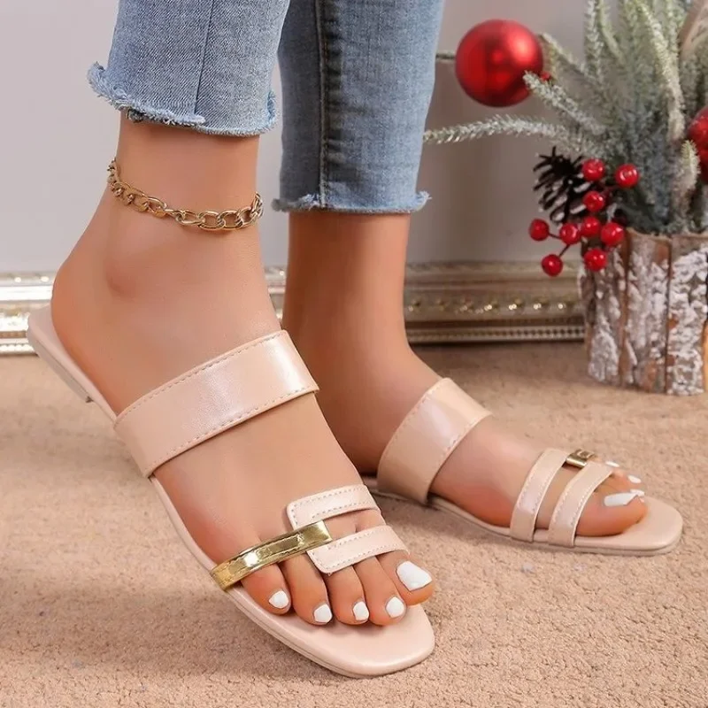 Zapatillas de punta cuadrada para mujer, zapatos informales para exteriores, zapatillas planas de Punta abierta, sandalias de verano, talla grande