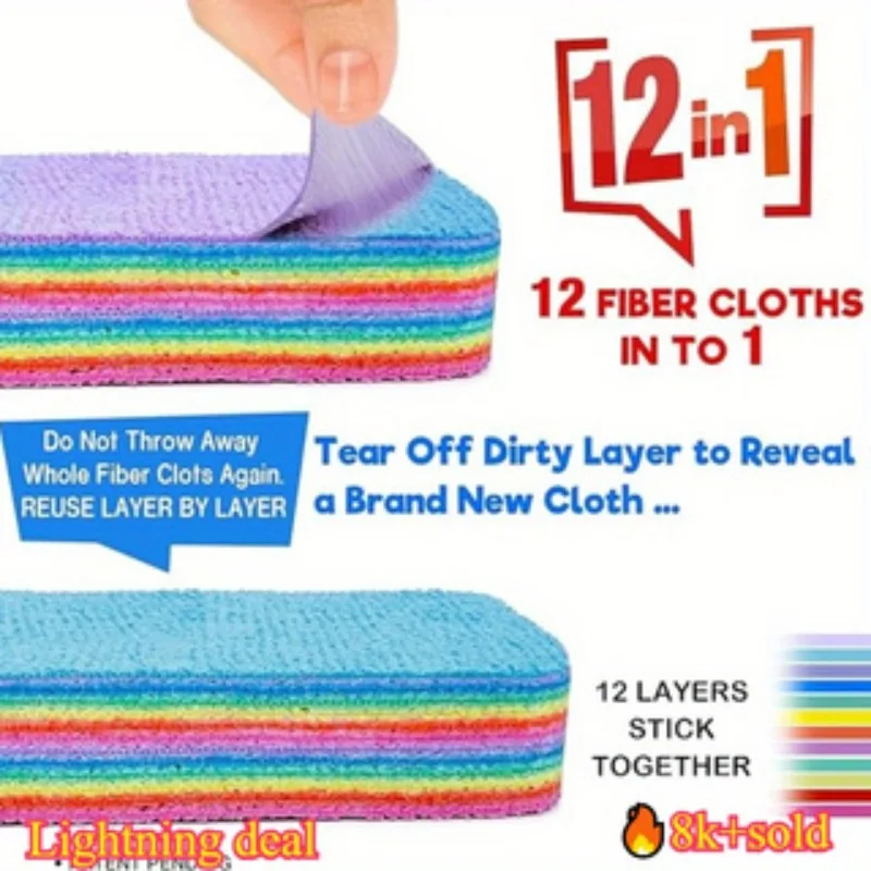 قطعة واحدة، 12 طبقة من الألياف، قماش تنظيف مثالي، مناسب للمطبخ والحمام وأدوات المائدة وتنظيف المنزل، بتصميم قابل للتمزيق