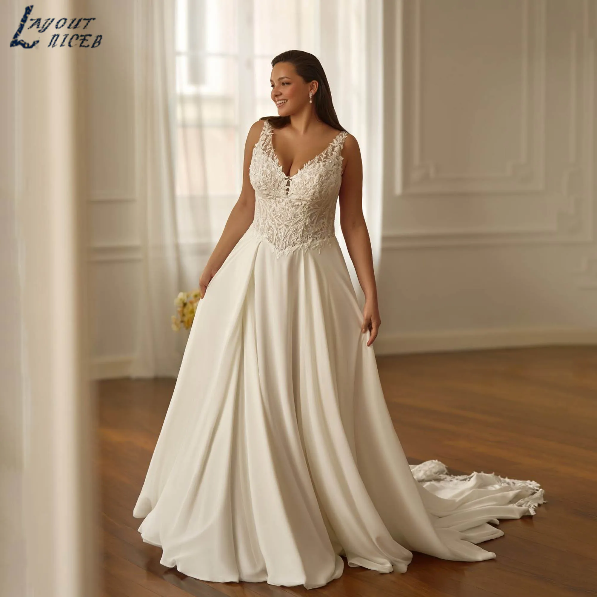 Romantic A-line Bridal Dresses V-neck Appliques Chiffon Wedding Gowns 2025 Sleeveless Plus Size vestidos de novia Customized