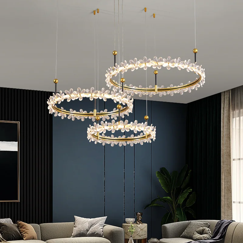 Modern Romantic Design Luxury Gold Round Ring Lamp Pendant Lights Ring Flower Crystal Led Chandelier For Living Dining Bedroom