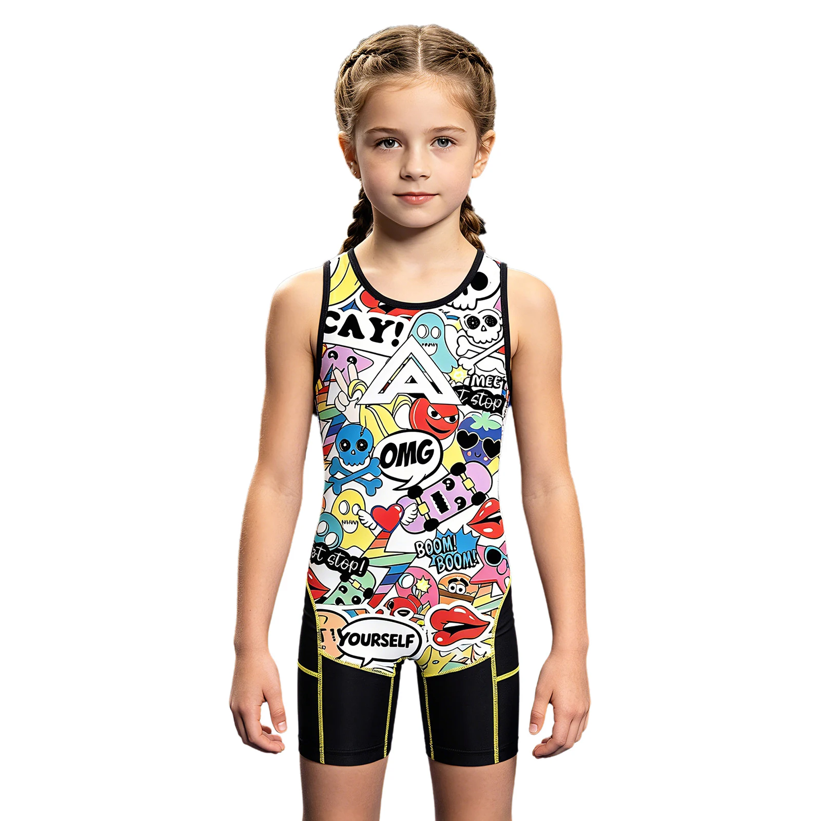 Unisex Kids Sleeveless Wrestling Singlet Leotards Quick Dry Stylish Print Sports Jumpsuit Thigh Length Cycling Bodysuit