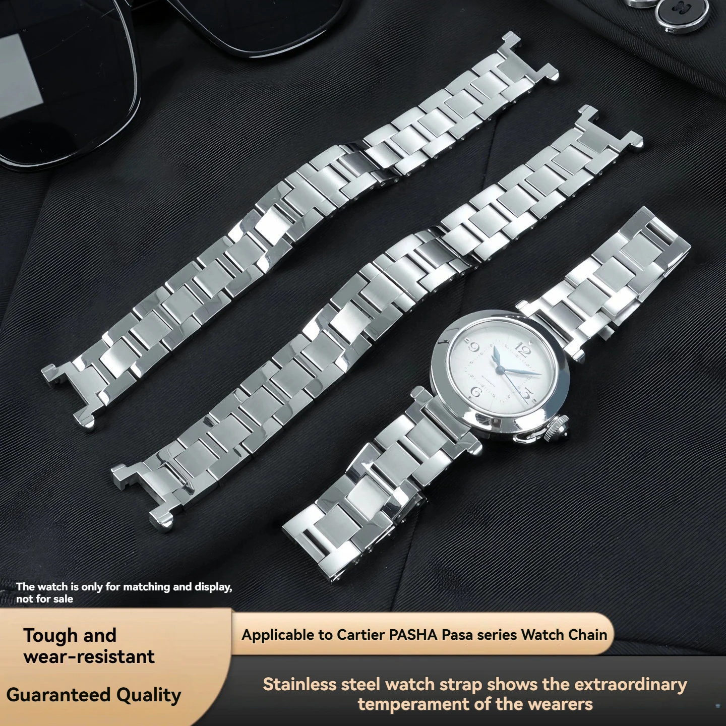 For Cartier Pasha Watch Strap 19*12mm-Precision Stainless Steel Bracelet with Folding Clasp-Durable Notch Watch Band Wristband