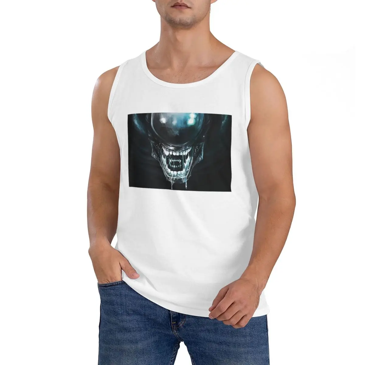 100% Cotton Xenomorph Alien Sleeveless T-Shirt Men Workout Sports Clothing Tops Men's Crew Neck Vest