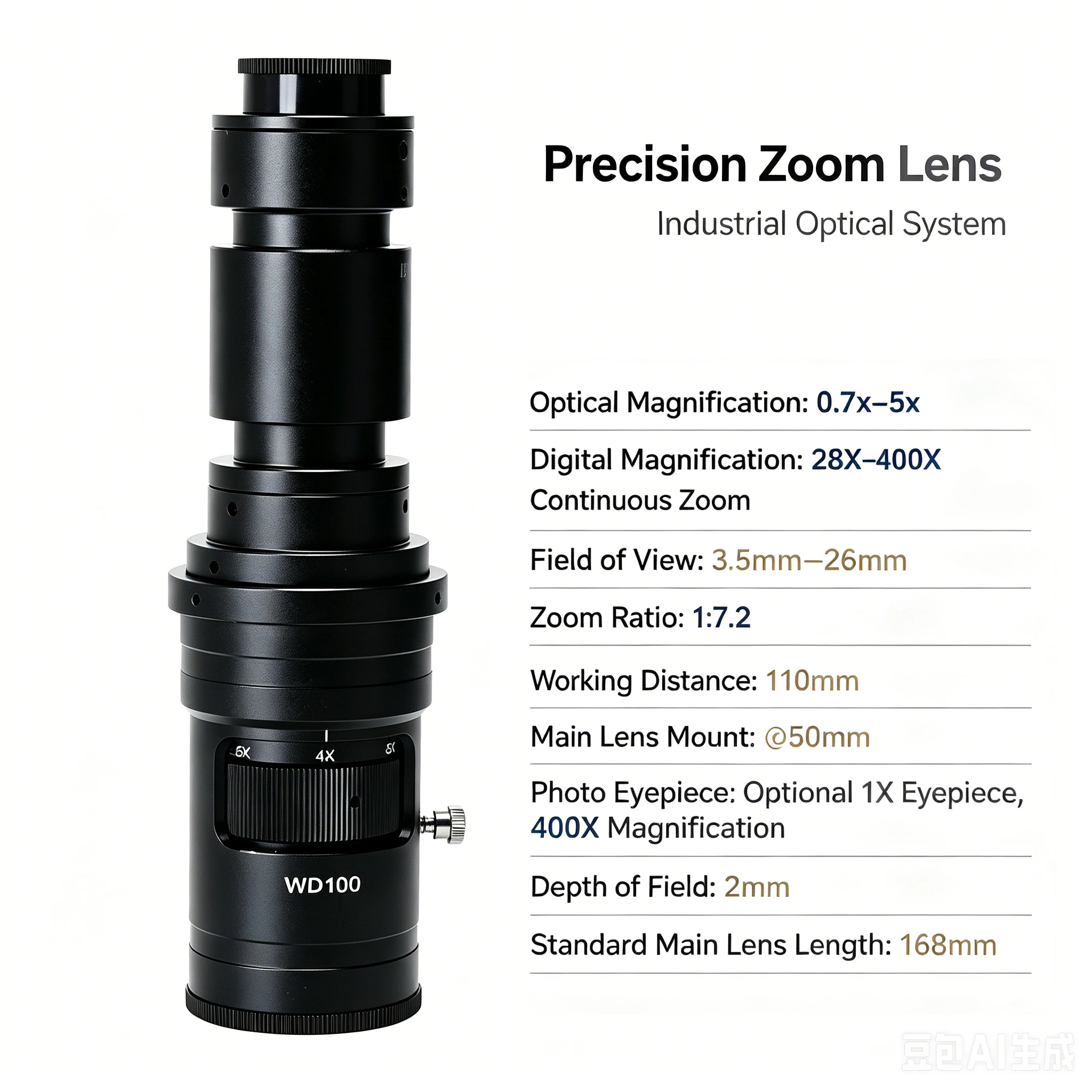 High-Definition Parfocal Industrial Microscope Camera Lens, 0.7x To 5x Lockable Magnification Adjustment, 400X Optical Zoom